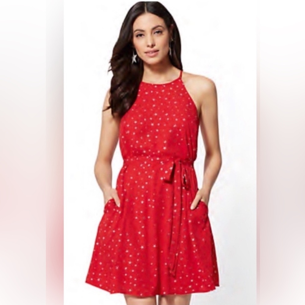 NWOT New York & CO Gorgeous True Red with Silver Star Sash Belt DressSize Medium